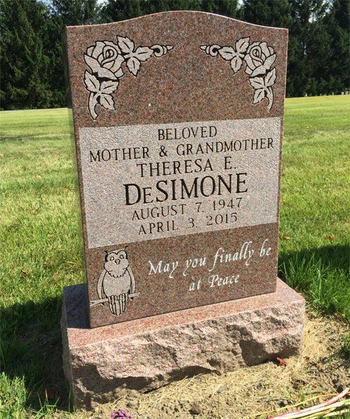 DeSimone Pink Single Upright Flat Carved Florals Skinline Panel Skin Frosted Lettering Deep Cut Lettering
