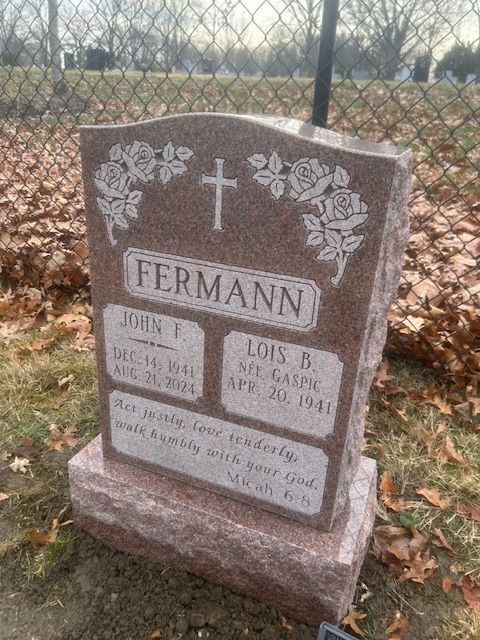 Fermann North American Pink Polished 3 BRP Sides Serp Top Flat Carved Floral Designs Scalloped Panel Deep Cut Lettering Single Upright Die