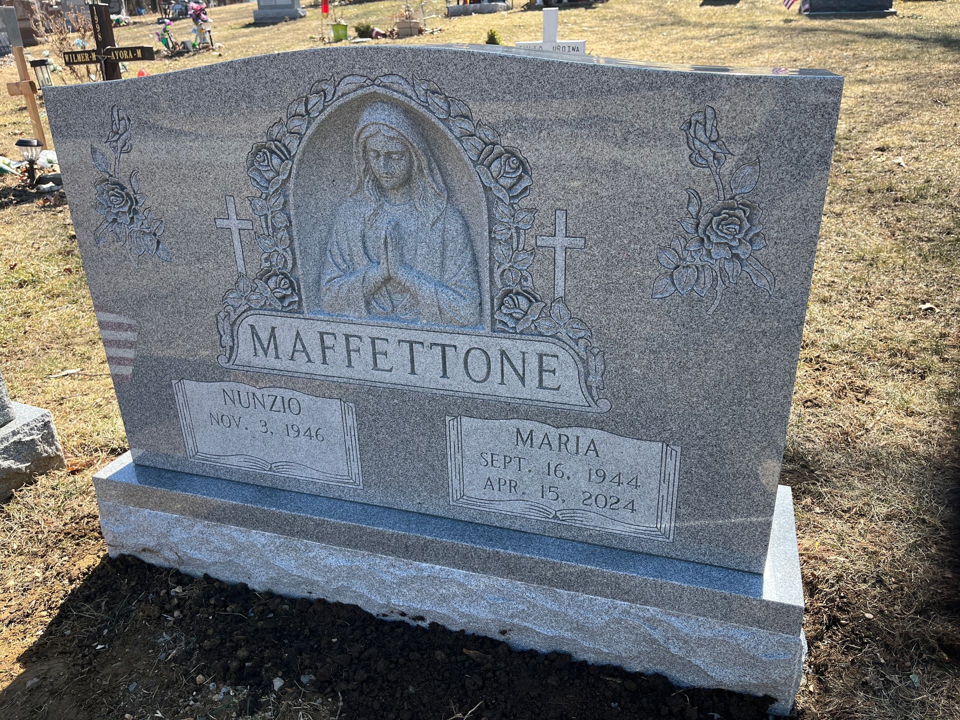 Maffettone Polished 5 Barre Grey Granite Deep Shape Carved Florals Raised Mary Sculpture