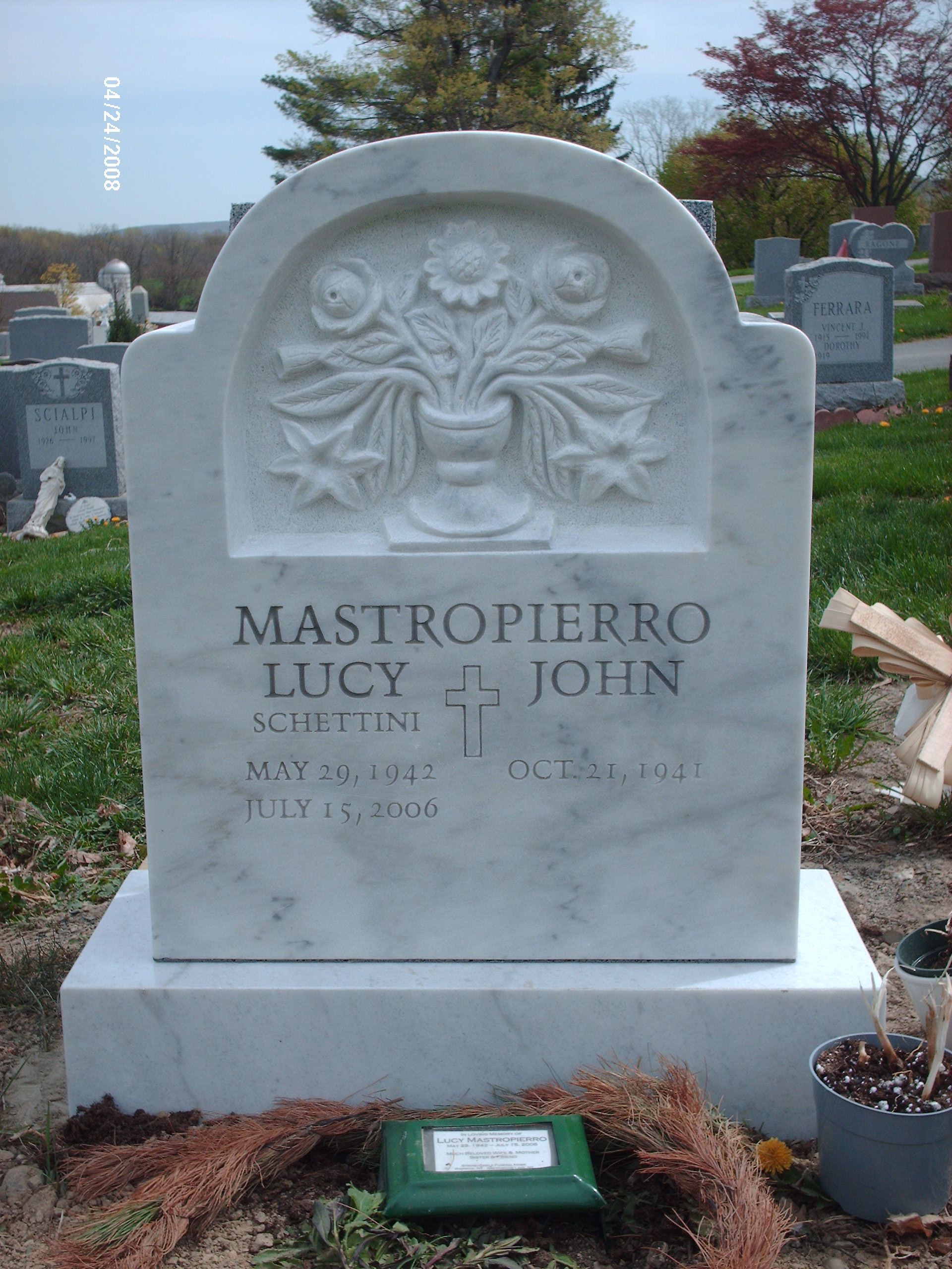 Mastropierro Danby Marble Custom Shaped Raised Floral Design Deep Cut Lettering Single Upright Steeled 5