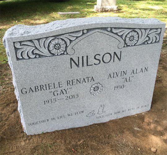 Nilson  Barre Grey Steeled 2 BRP Sides Serp Top  Raised Shape Carved Florals V Sunk Lettering Double Wide Monolith