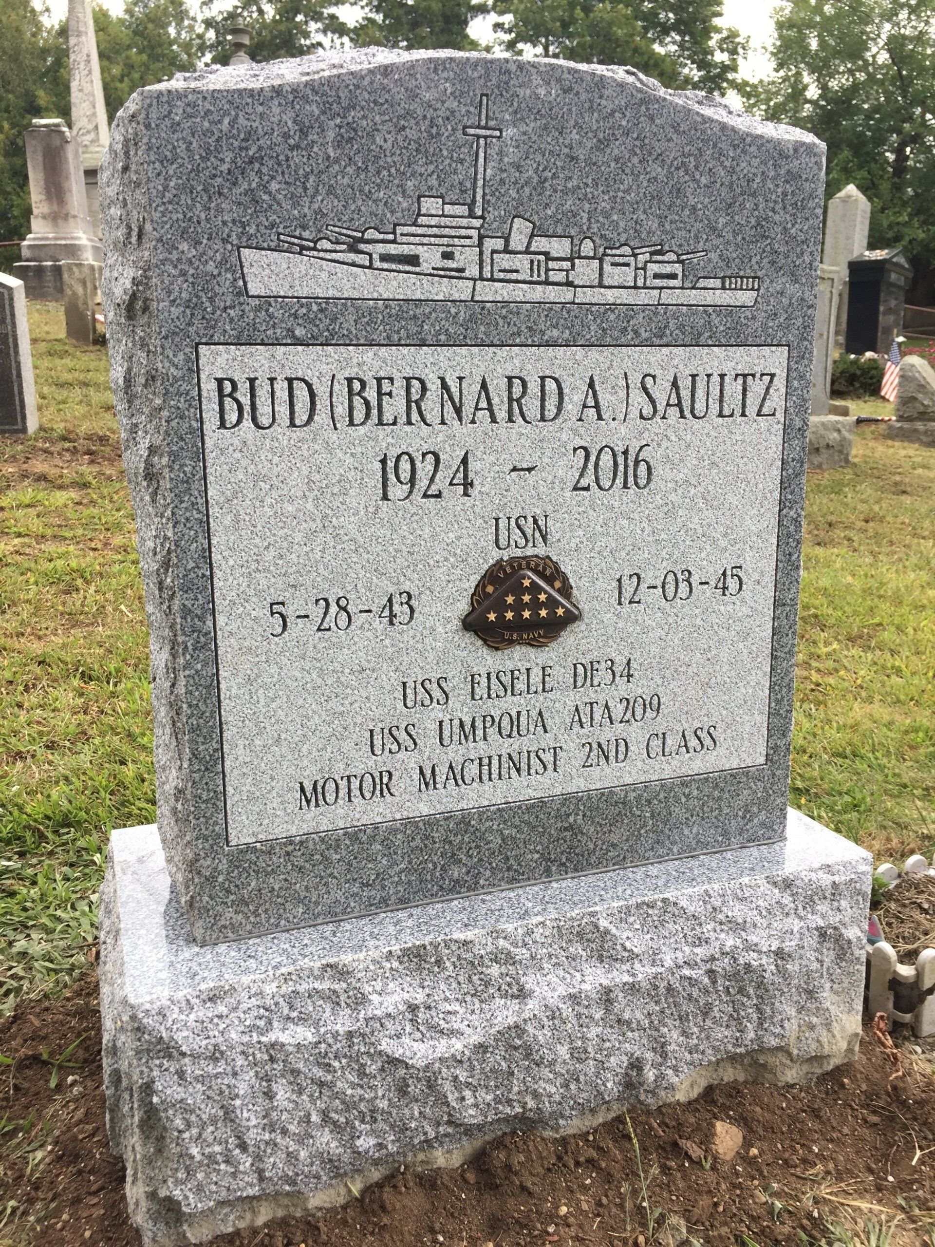 Saultz Barre Grey Single Upright Polished 2 BRP Sides Serp Top Bronze Emblem Flat Carved Design Military V Sunk Lettering