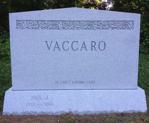 Vaccaro Barre Grey Steeled 5 Raised Shape Carved Floral Design Beveled Base V Sunk Lettering Double Wide Upright Roof Top