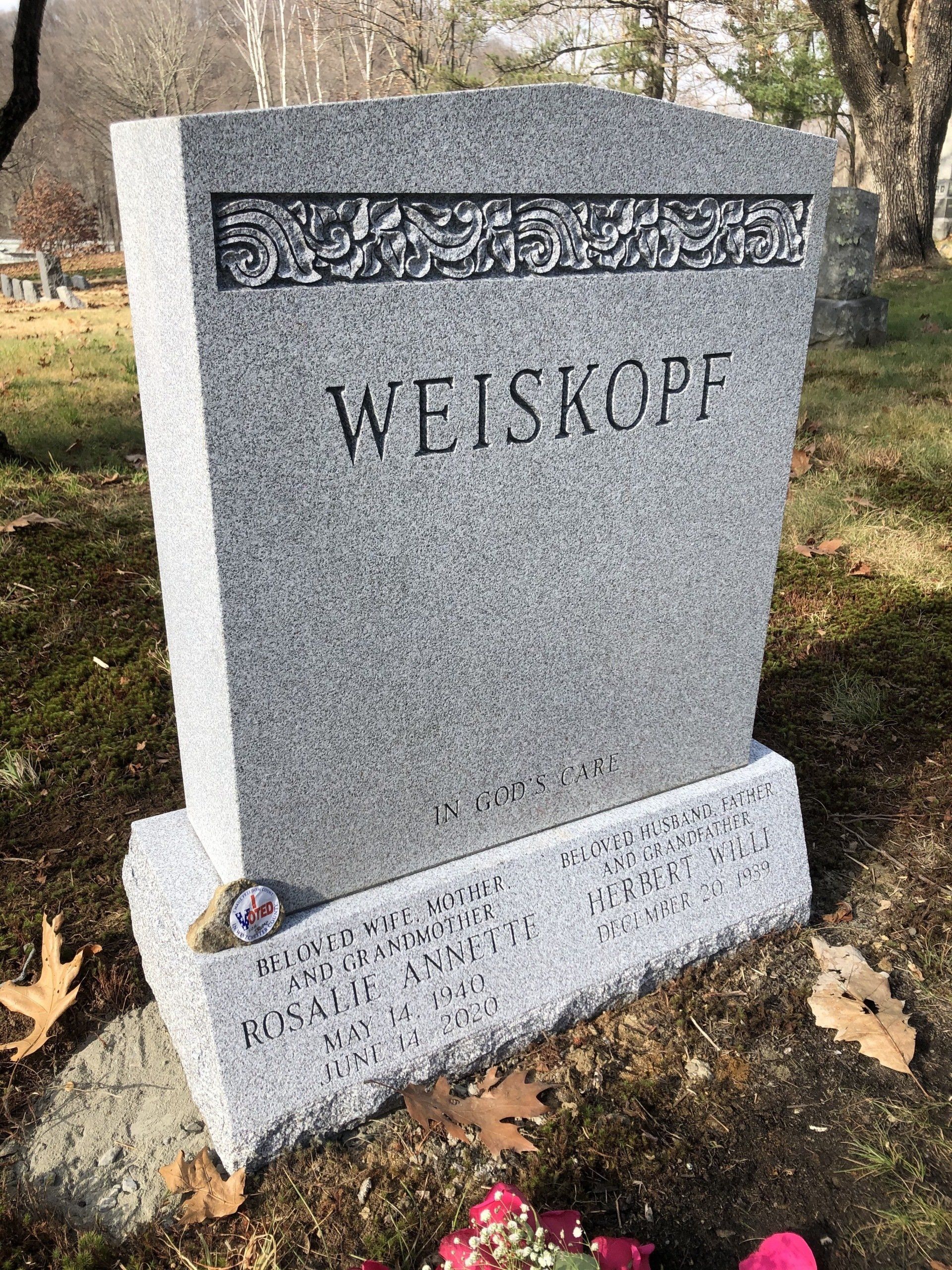 Weiskopf Barre Grey Steeled 5 Raised Shape Carved Floral Design Beveled Base V Sunk Lettering Single Upright Roof Top