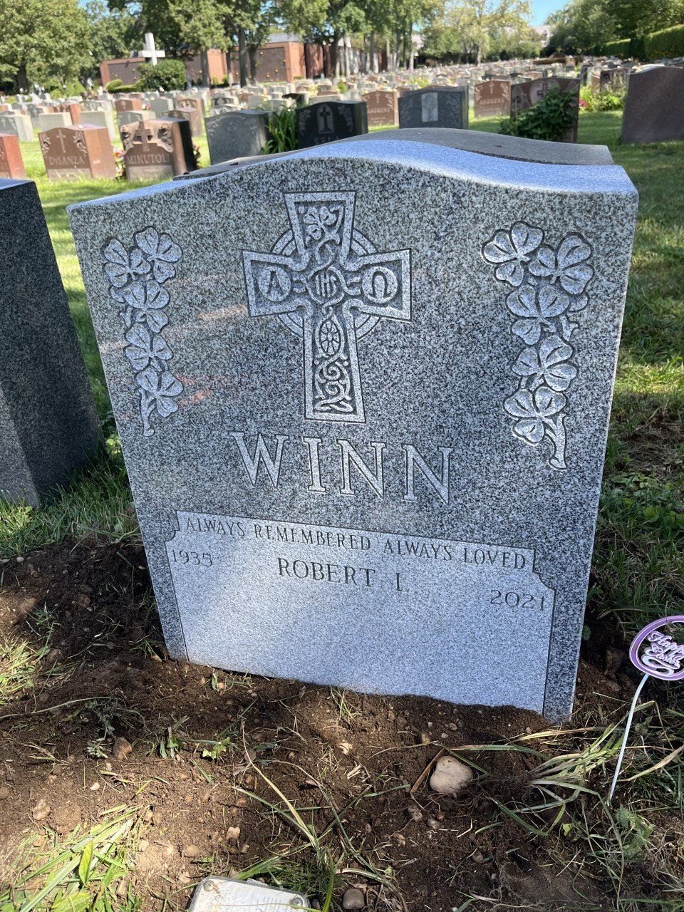 Winn Barre Grey Shaped Carved Design Single Upright Monolith Deep Cut Lettering Polished 2 BRP Sides Serp Top Celtic Cross