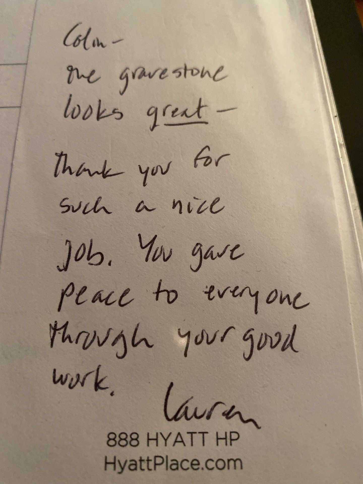 Testimonial about the Memorial work that CJ Stones did.