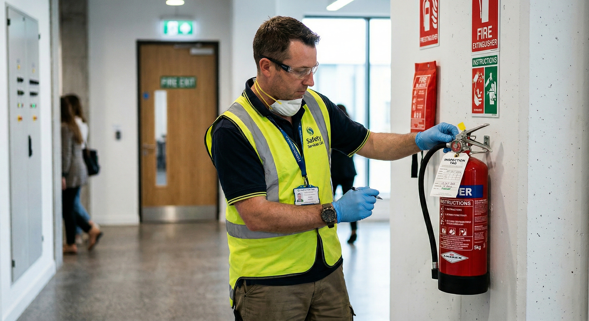 A worker in a high-visibility vest inspects and tags a red fire extinguisher mounted on a wall in an office hallway.