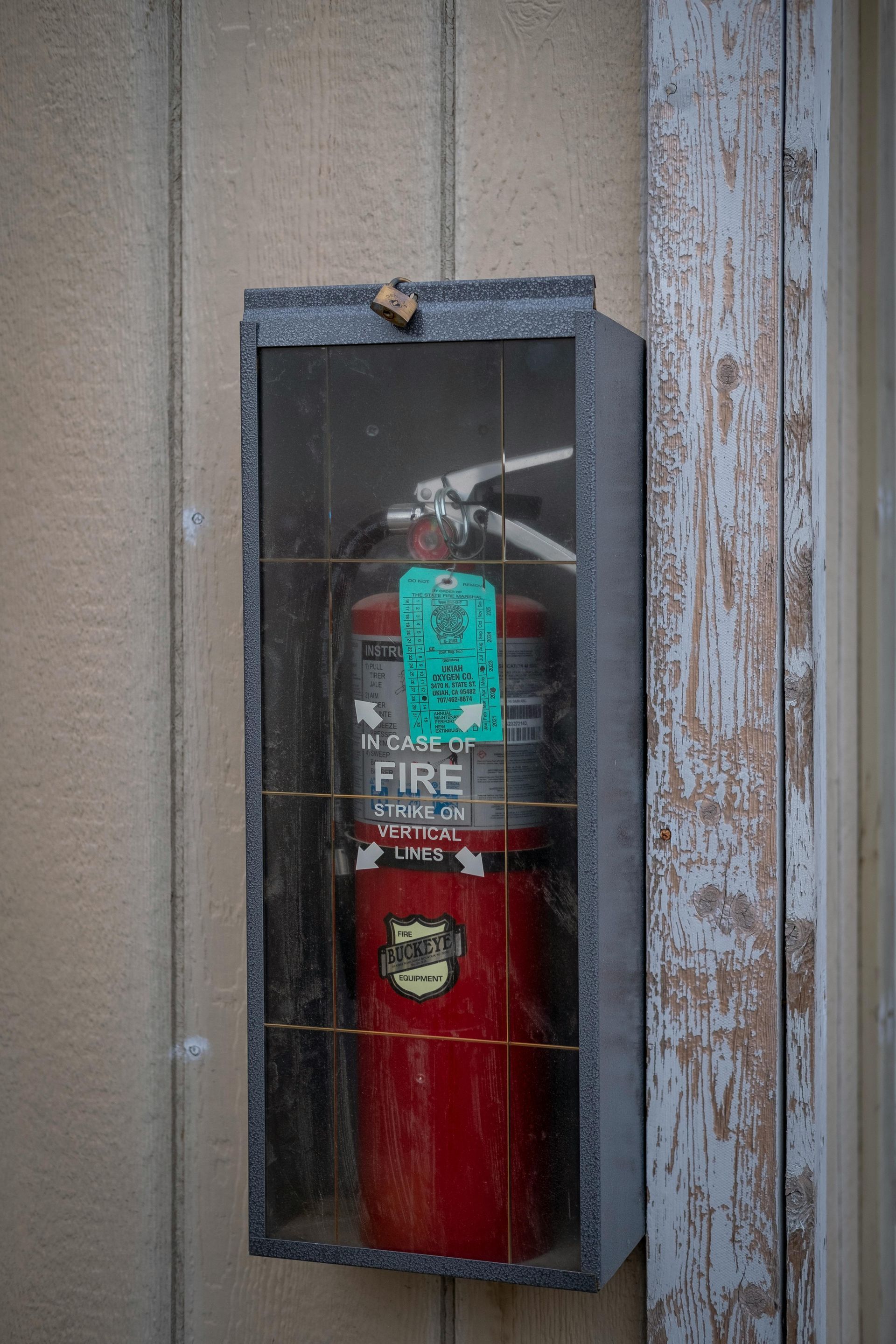 A red fire extinguisher housed in a clear, wire-reinforced cabinet mounted on a wood-paneled wall.