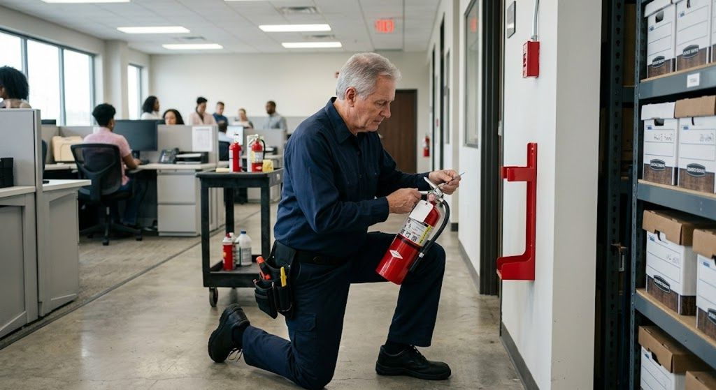 Man kneeling in an office hallway using a red fire extinguisher near a wall-mounted cabinet