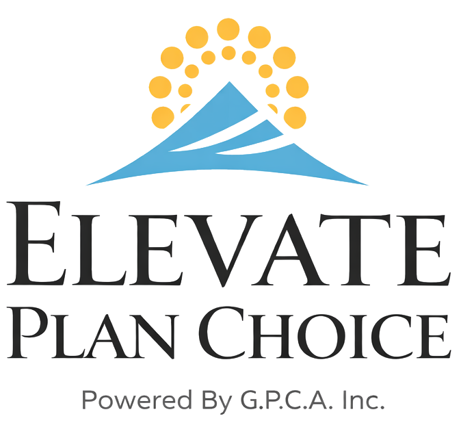 Logo: Blue mountain with yellow sunburst, "Elevate Plan Choice" text, "Powered By G.P.C.A. Inc."