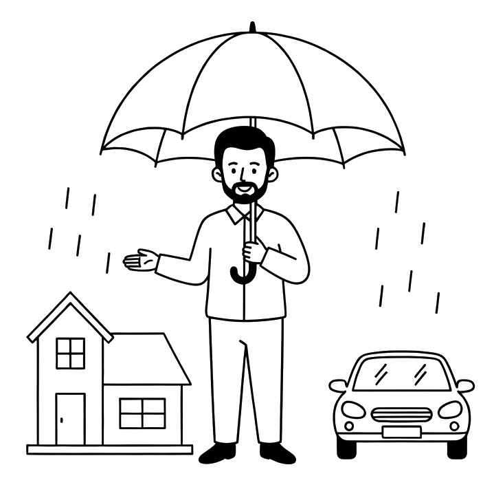 Man holding umbrella protecting a house and car from rain.