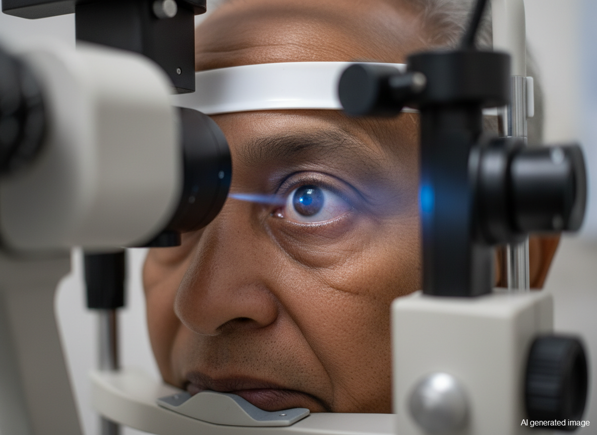 A person positioned at a slit lamp microscope for an eye examination with a blue light beam directed toward their eye.