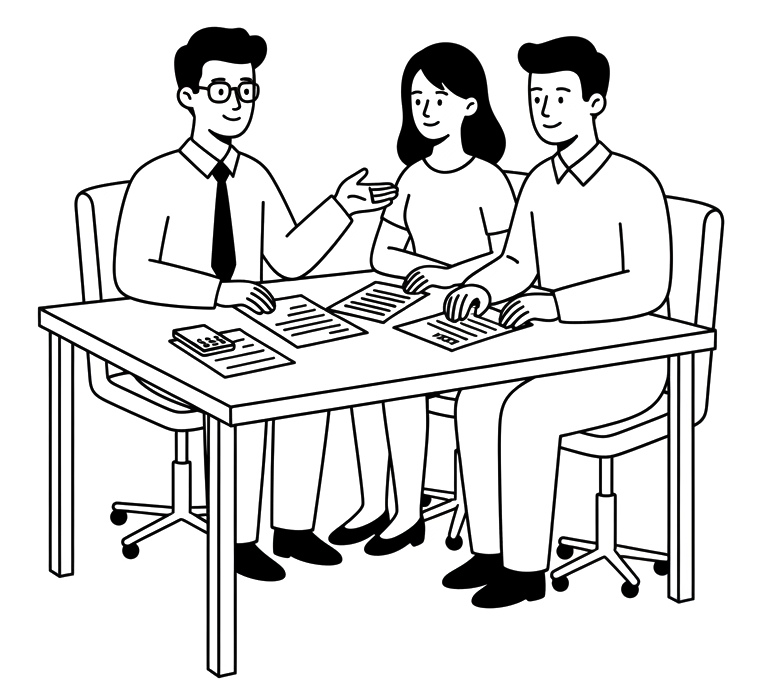 A person in a tie gestures, speaking to a couple seated at a table with papers.