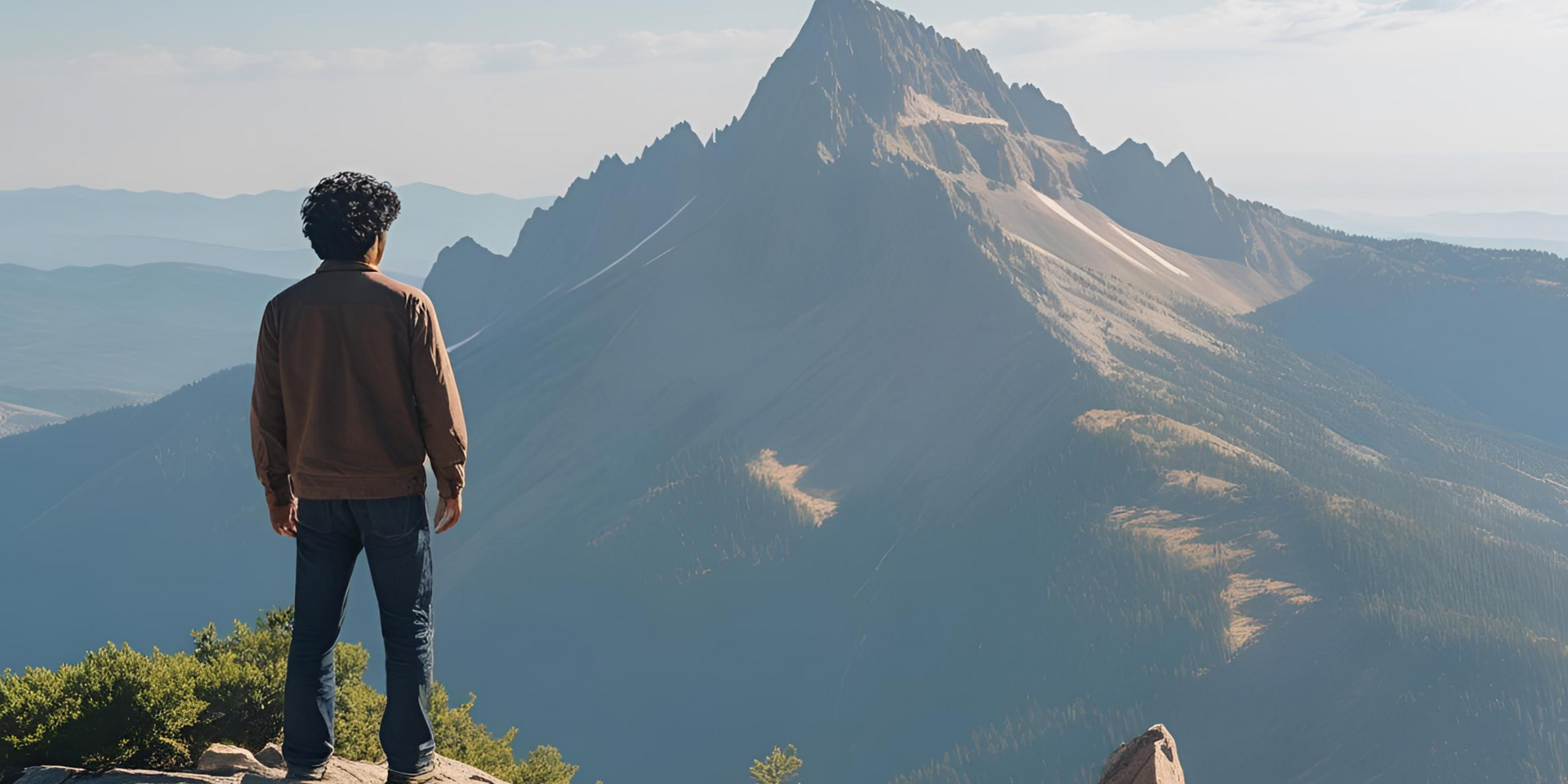 A man is standing on top of a mountain looking at the view.