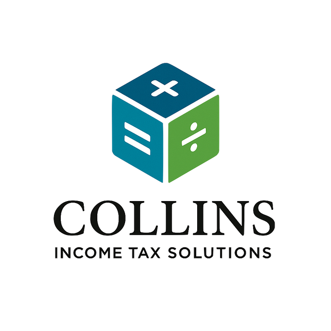 Logo for Collins Income Tax Solutions: Cube with math symbols and text below.