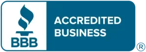 A blue sign that says accredited business on it