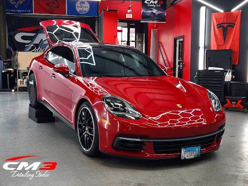 Red Porsche with custom patterned clear bra film at CM3 Detailing Studio