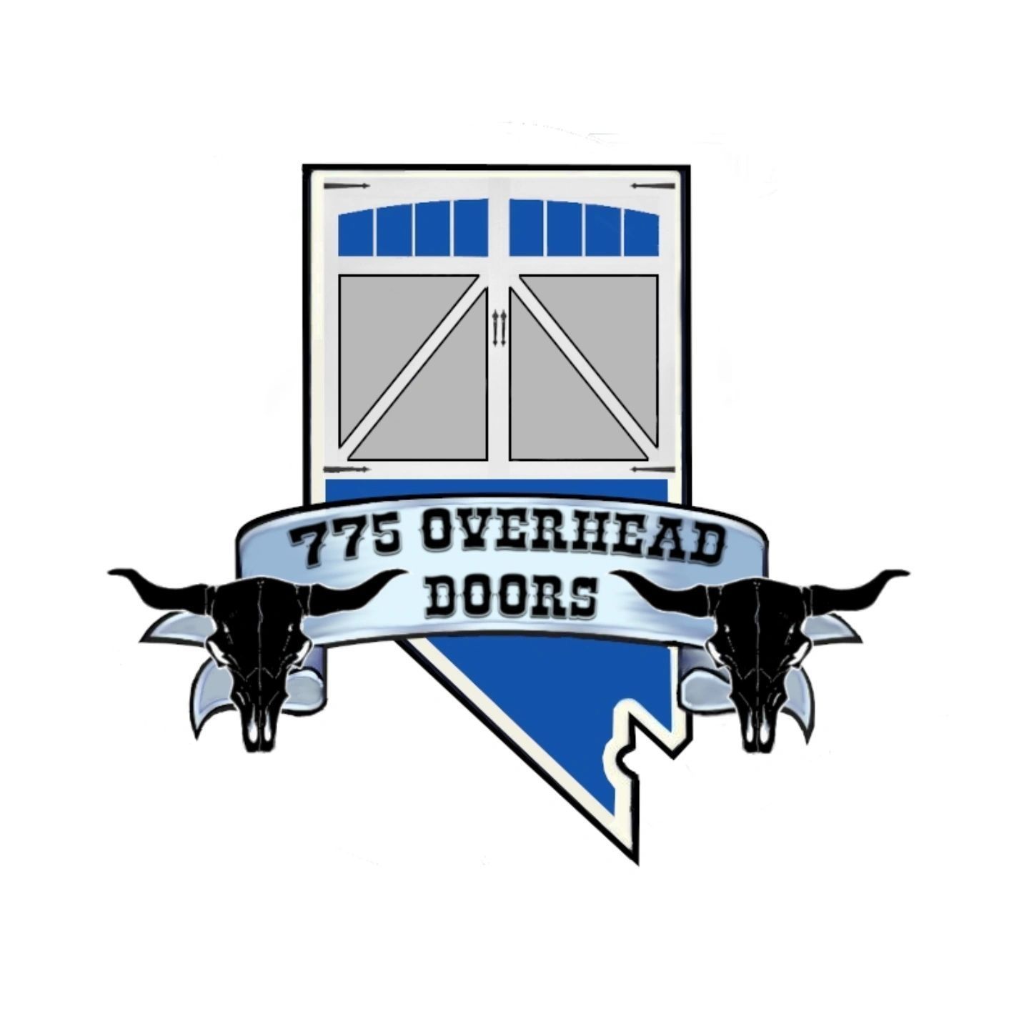 A logo for 775 overhead doors with two bull skulls on it