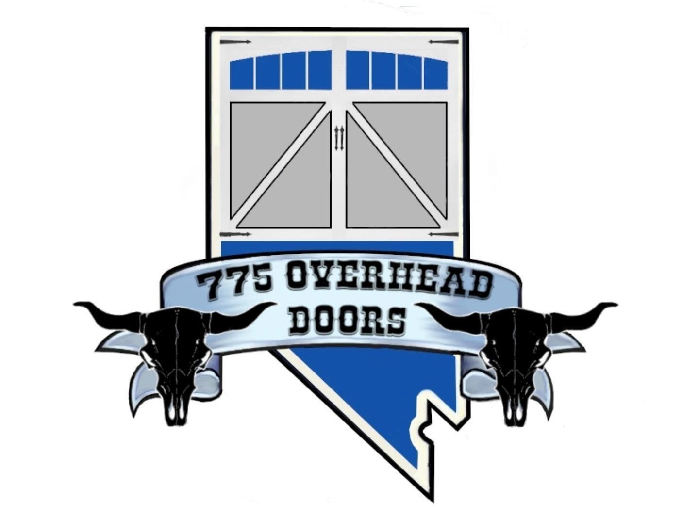 A logo for 775 overhead doors with two bull skulls