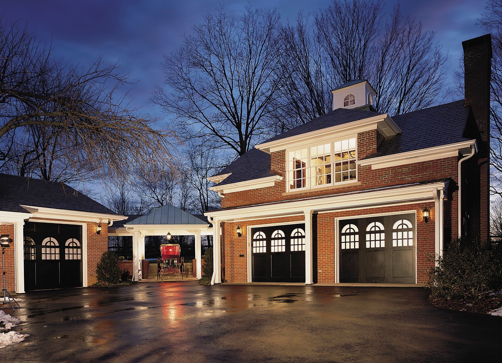 A modern house with a wooden garage door