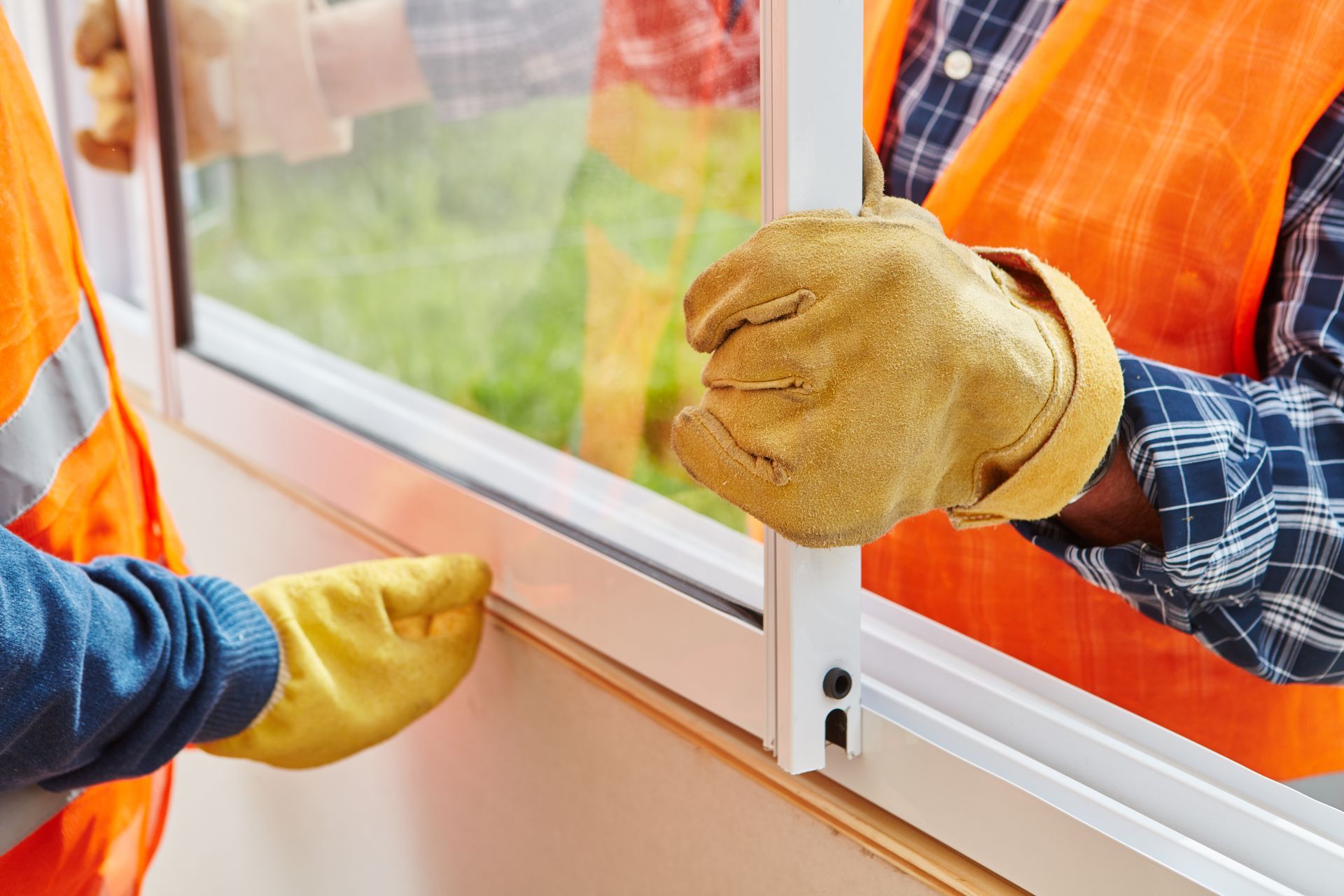 two men wearing yellow gloves are working on a window