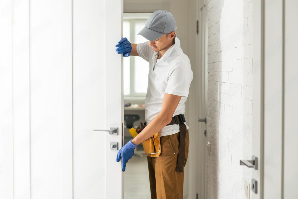a man is installing a door handle on a white door .