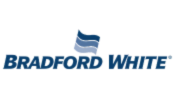 Logo for Bradford White, a water heater company. Text "Bradford White" in dark blue with a stylized flag above.