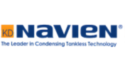 Logo for Navien, a manufacturer of condensing tankless technology. Blue text, with a yellow and orange square.