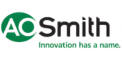 Logo for A. O. Smith: Green circle with "AO" inside; "Smith" to the right, and "Innovation has a name." below.