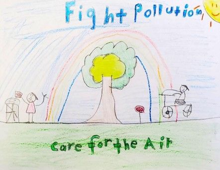 A child 's drawing of a tree with a rainbow and the words `` fight pollution care for the air ''.