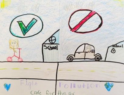 A child 's drawing of a girl riding a scooter in front of a school