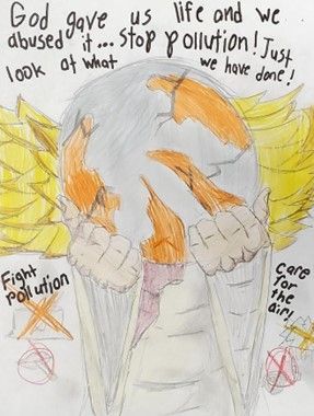 A drawing of a person holding a globe with the words god gave us life and we abused it stop pollution