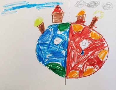A child 's drawing of a globe divided in half