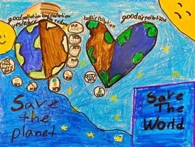 A child 's drawing of the earth with hearts and the words `` save the planet ''.