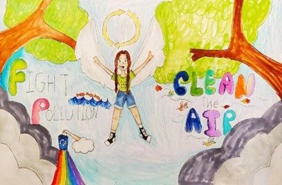 A child 's drawing of a girl holding an umbrella and the words `` fight pollution clean the air ''.