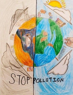 A child 's drawing of a globe with the words `` stop pollution '' written on it.