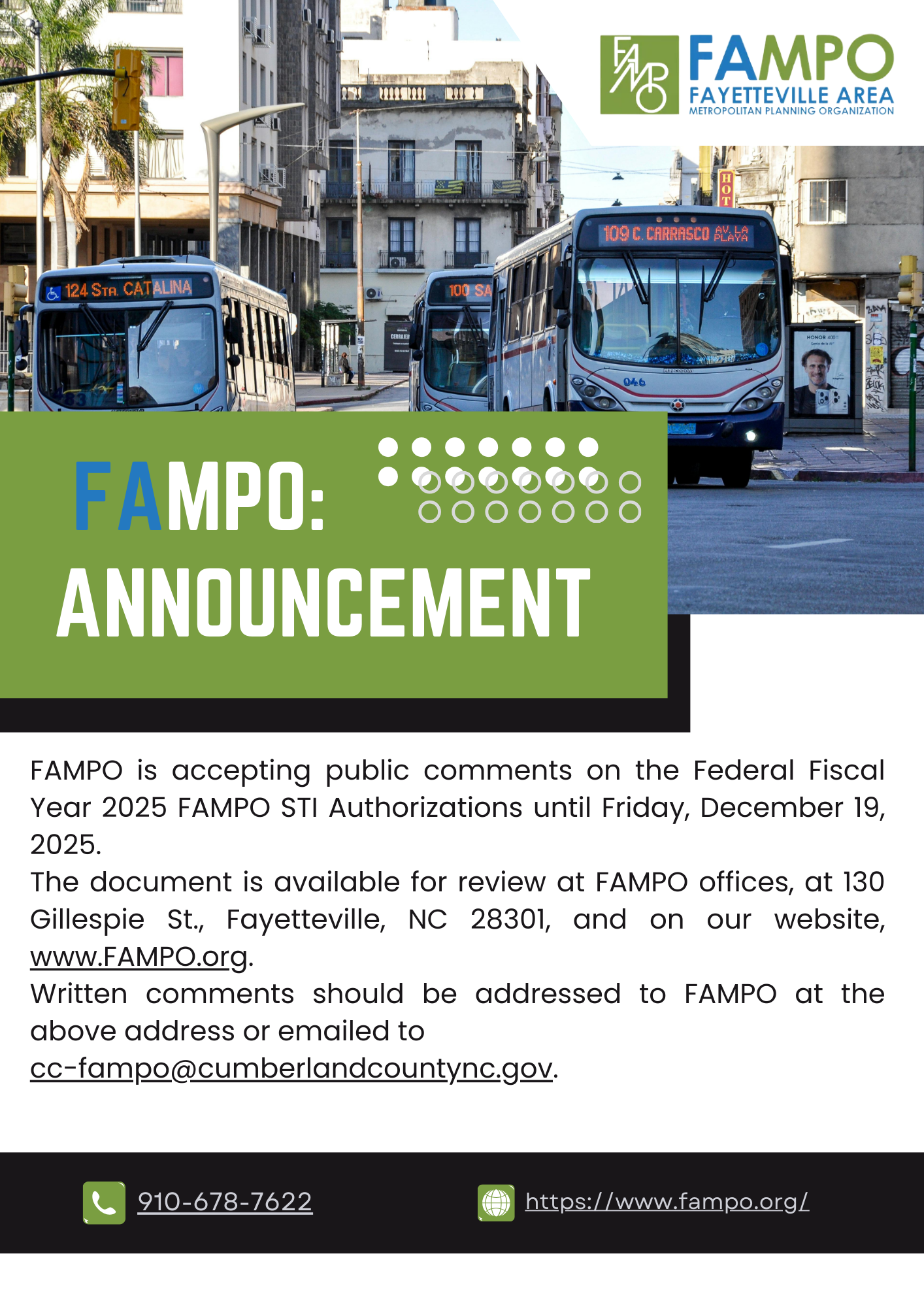 Announcement by Fayetteville Area Metropolitan Planning Organization  about project submittal list; red bus, green text.