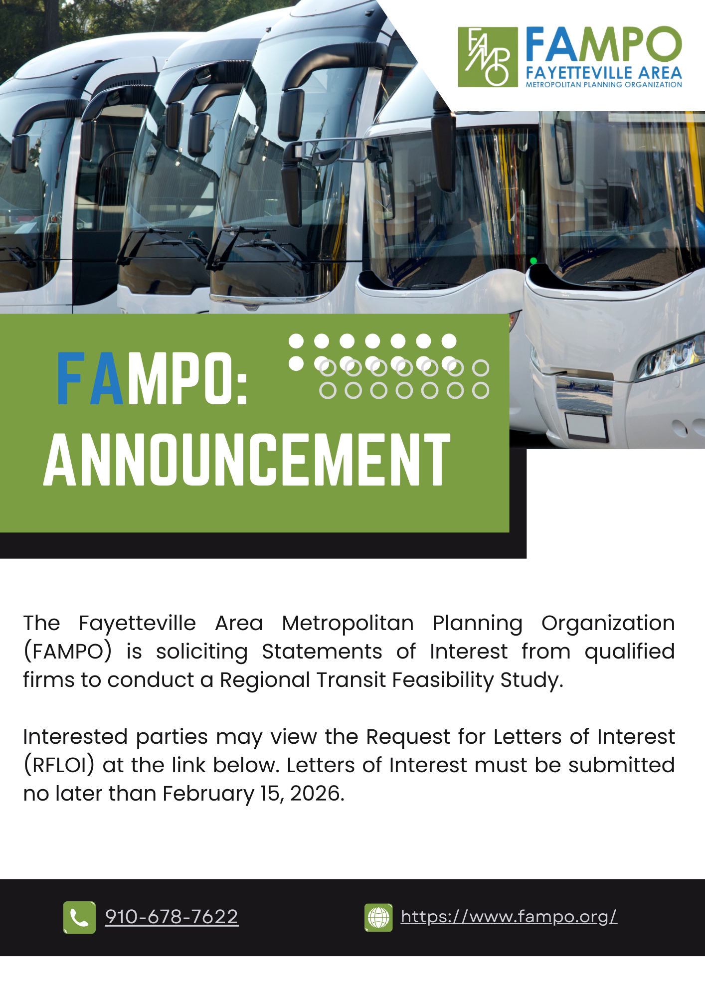 Announcement by Fayetteville Area Metropolitan Planning Organization about project submittal list; red bus, green text.