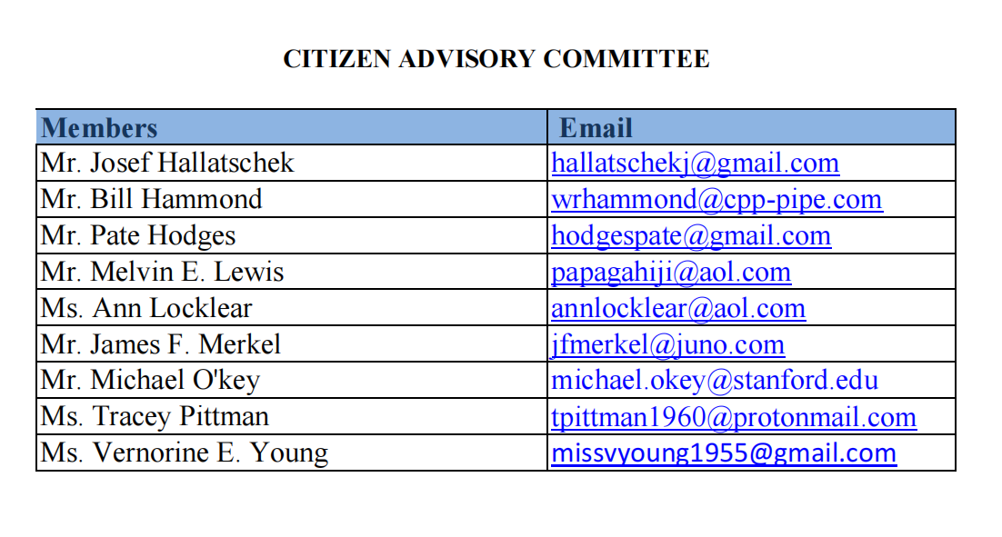 A list of members of the citizen advisory committee