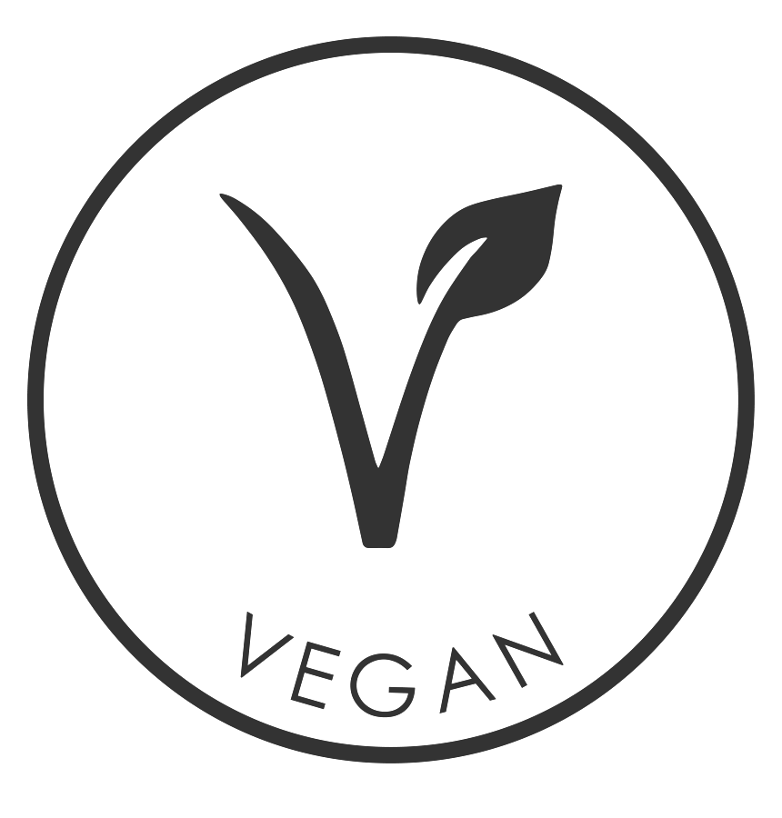 Een zwart-wit veganistisch logo met een blad in een cirkel.