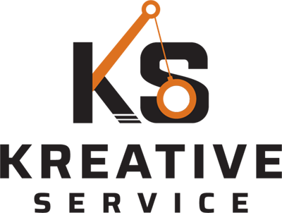 Logo for Kreative Service: Black "KS" letters with orange graphic of a hanging weight, and the words "KREATIVE SERVICE" below.