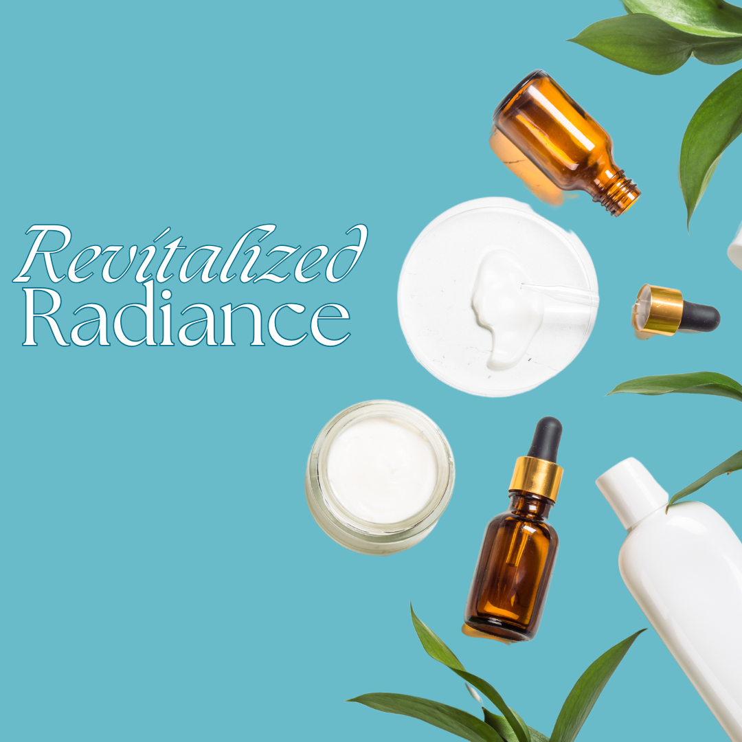 Skincare products on a blue background, with text