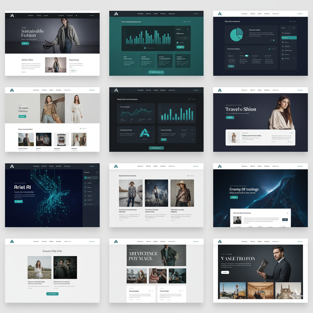 Website mockups with different layouts and design styles, featuring data visualizations and product displays.