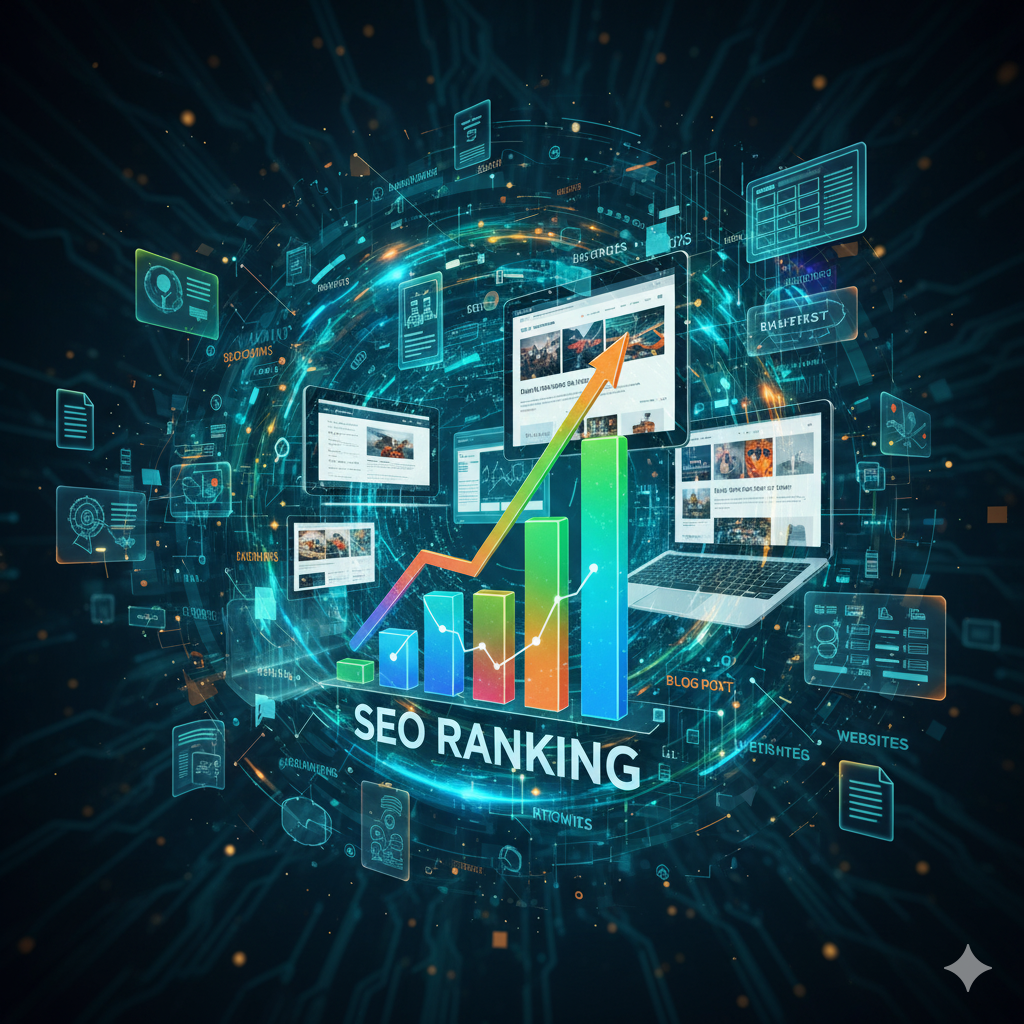 Digital graphic depicting SEO ranking with bar graph, laptops, and data visualization in a blue and green futuristic style.