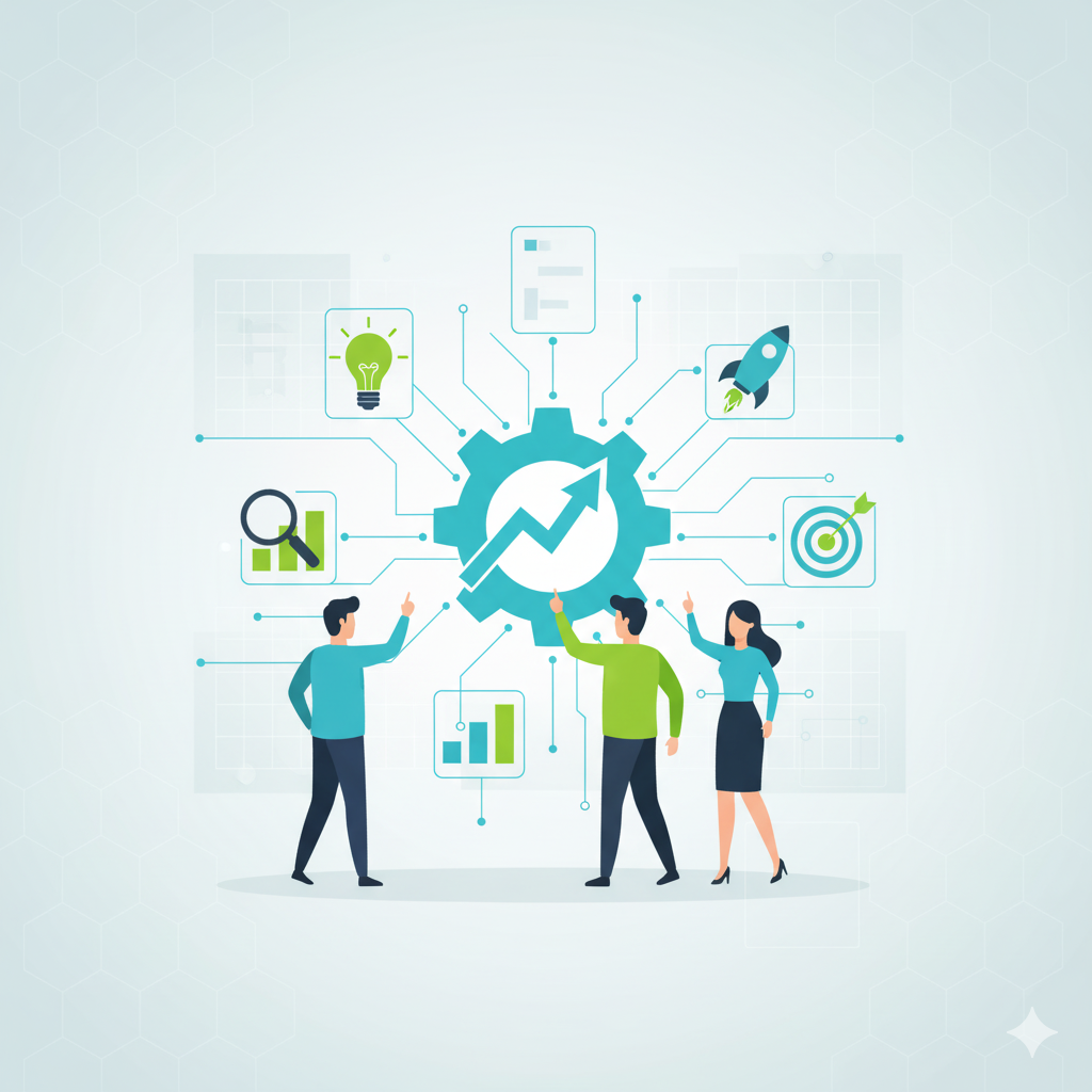 Three people collaborate around a gear with connected icons representing business growth and strategy.