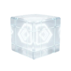Glowing, translucent cube with a hexagonal pattern on each face.