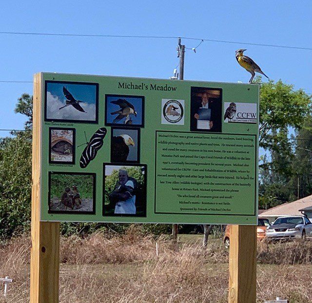 Sign for Michael's Meadow nature area with bird perched on top; features photos of wildlife, green text, and logos.