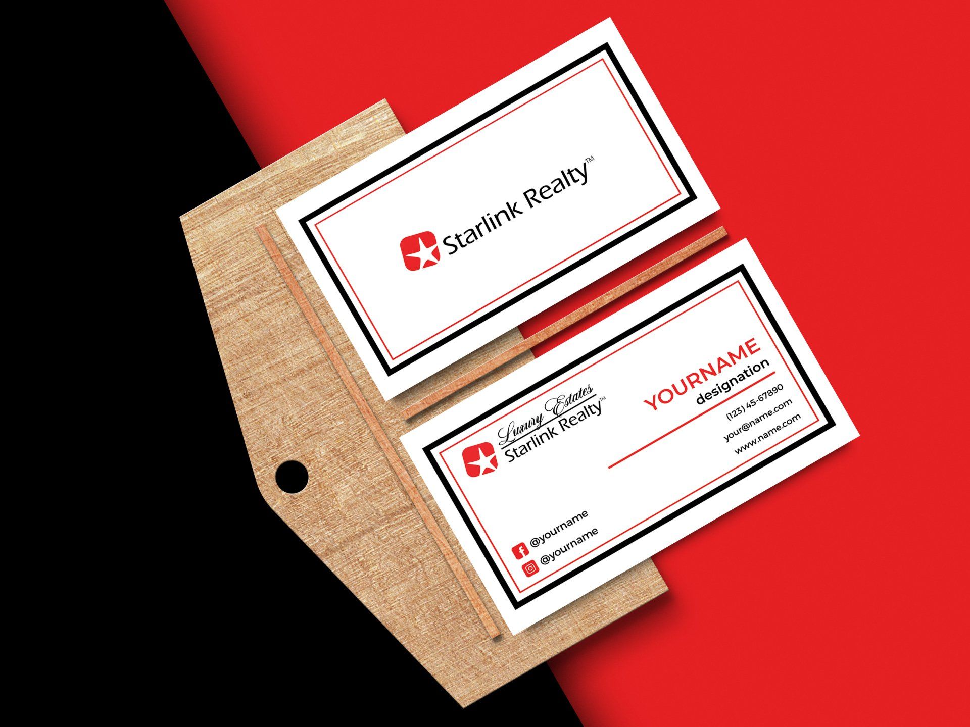 Business cards for Startink Realty on an envelope, red/black background.