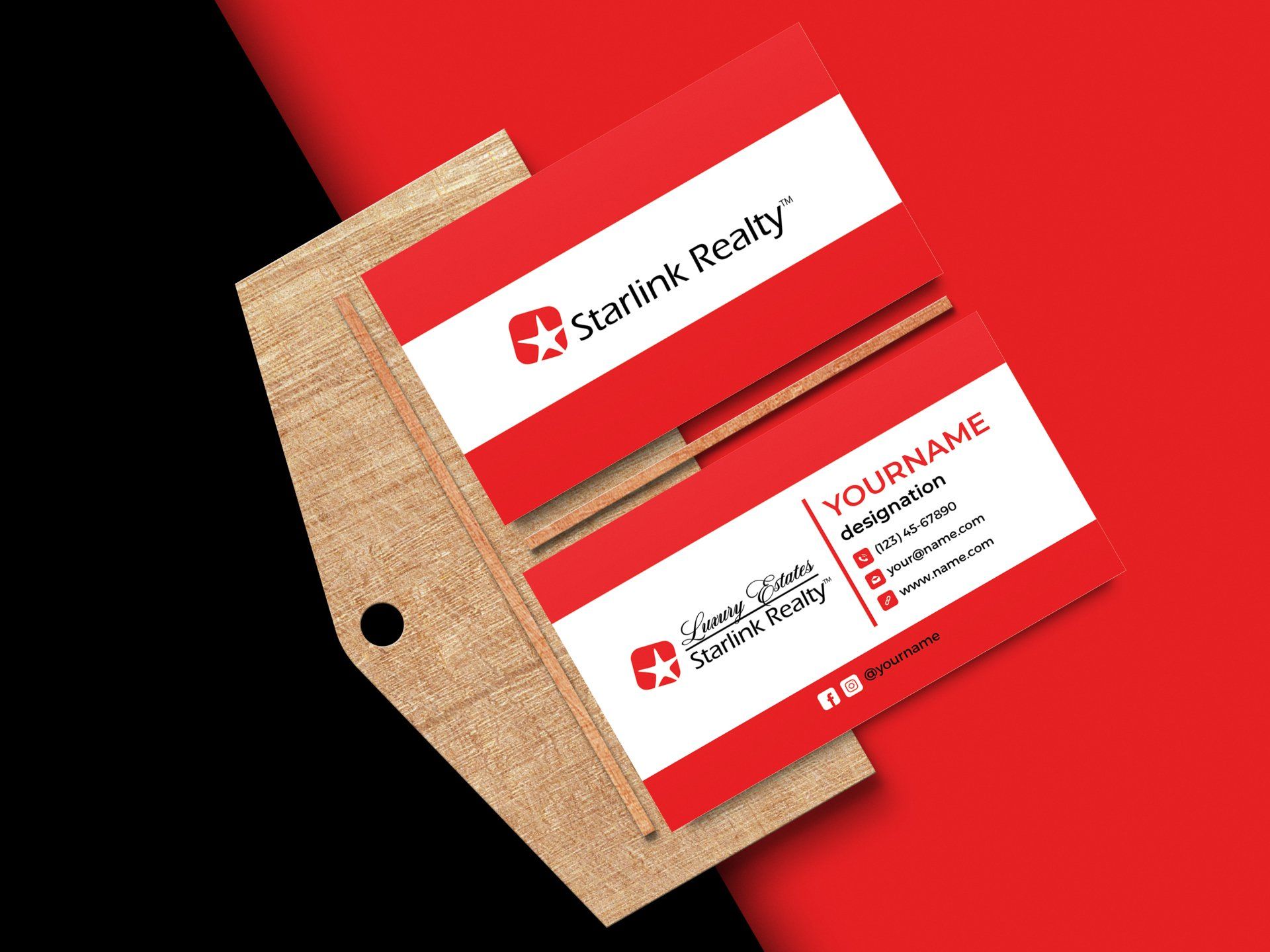 Business cards in a red and white design with a brown envelope.