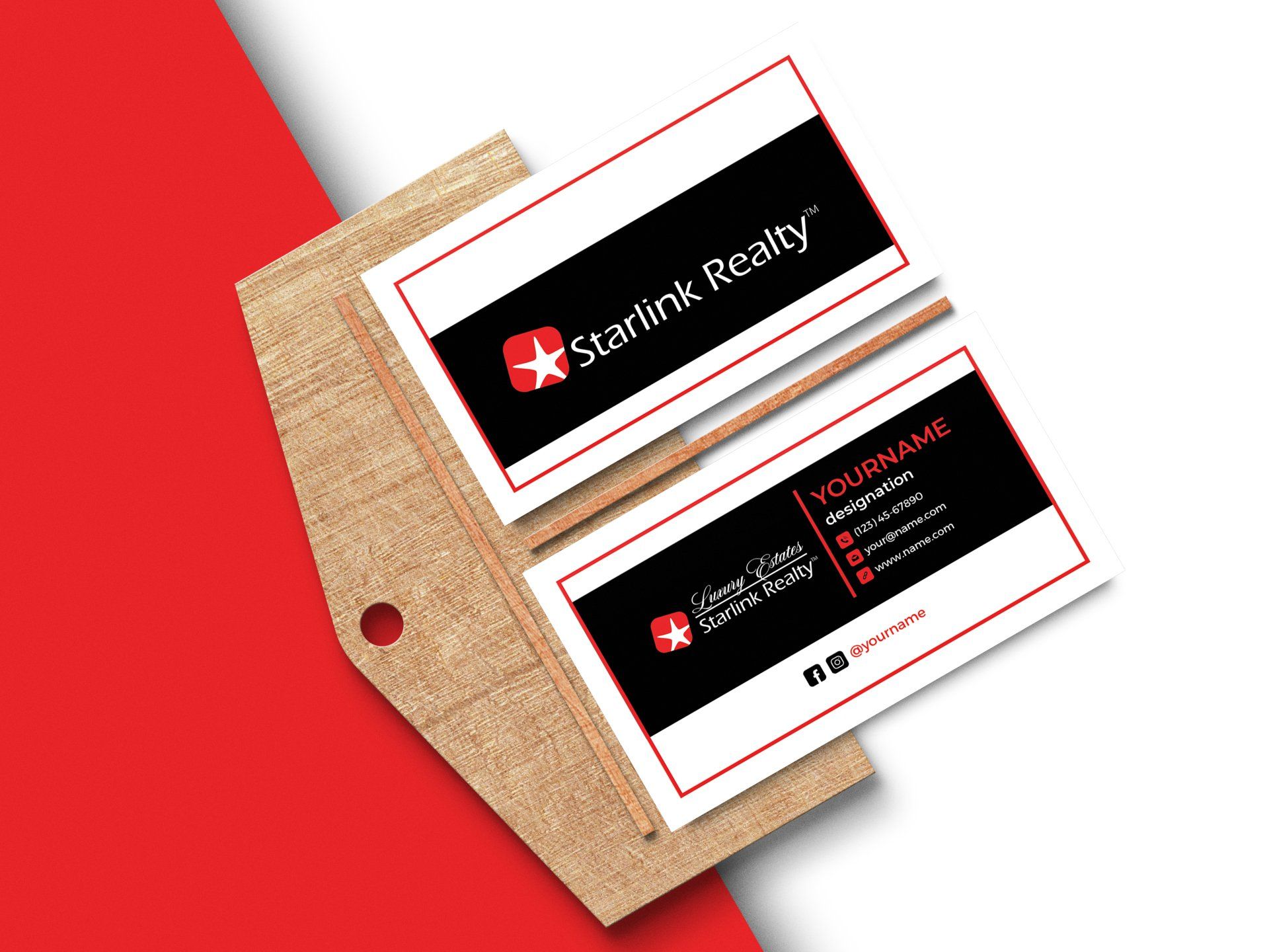 Business cards from Starlink Realty in a brown envelope on a red background.